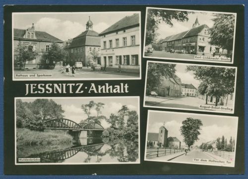 Jessnitz Anhalt Karl-Liebknecht-Str. Sparkasse, gelaufen 1968 (AK5280)