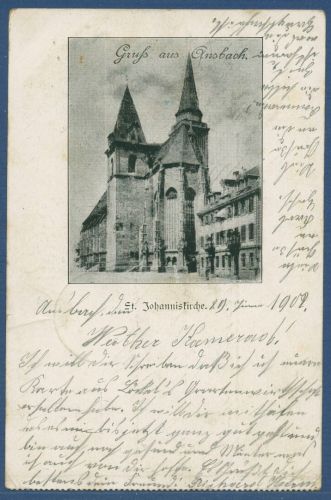 Gruß aus Ansbach St. Johanniskirche, gelaufen 1902, Einriß (AK5346)