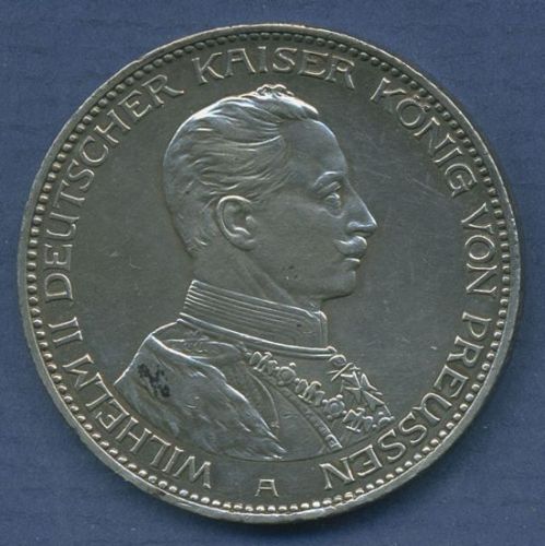 Preußen 3 Mark 1914 A, Kaiser Wilhelm II. in Uniform, J 113 vz (m6830)