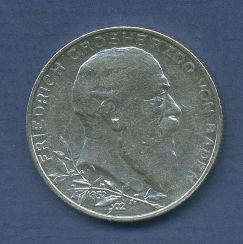 Baden 2 Mark 1902 Regierungsjubiläum Großherzog Friedrichs, J 30 ss/vz (m6835)