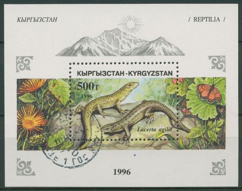 Kirgisien 1996 Tiere Reptilien Zauneidechse Block 16 gestempelt (C65353)