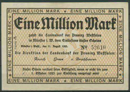 Westfalen Münster 1 Mio Mark 1923 Serie A, Keller 5582 a, gebraucht (K1841)