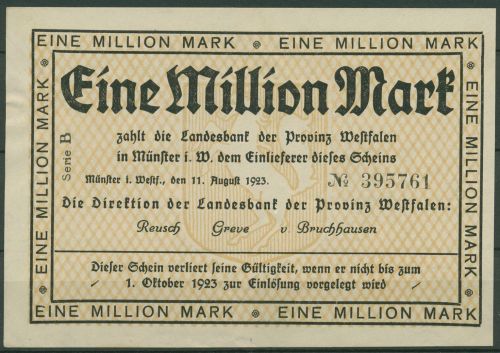 Westfalen Münster 1 Mio Mark 1923 Serie B, Keller 5582 a, gebraucht (K1840)