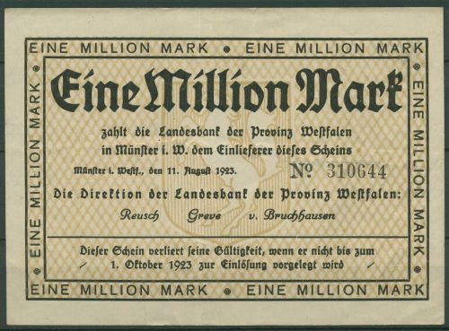 Westfalen Münster 1 Mio Mark 1923 ohne Serie, Keller 5582 a, gebraucht (K1839)