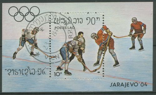 Laos 1984 Olympische Winterspiele Sarajevo Eishockey Block 99 gestempelt(C65422)
