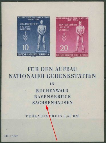 DDR 1955 Befreiung vom Faschismus mit Plattenfehler Block 11 XI a postfrisch
