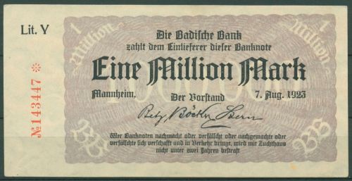 Badische Bank 1 Million Mark 1923 Lit. Y, BAD-11b. gebraucht (K1577)