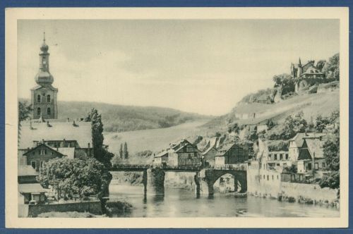 Radium-Solbad Kreuznach Nahebrücke mit Kanzenburg, gelaufen 1958 (AK5412)