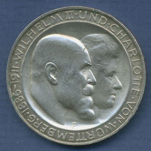 Württemberg 3 Mark 1911 F Silberhochzeit Wilhelm u. Charl., J 177 vz + (m6842)