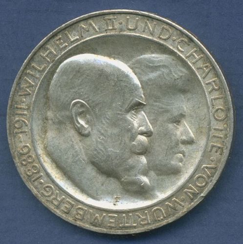Württemberg 3 Mark 1911 F Silberhochzeit Wilhelm u. Charl., J 177 vz/st (m6843)