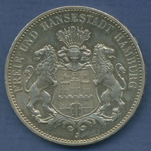 Hamburg 3 Mark Silber 1911 J, Wappen der Hansestadt, J 64 vz+ (m6848)
