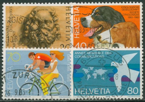 Schweiz 1983 Ereignisse Hunde Radsport Kommunikation 1256/59 gestempelt