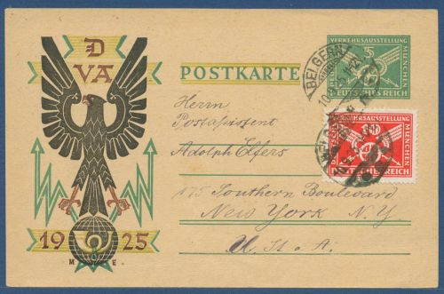 Dt. Reich 1925 Verkehrs-Ausstellung Postkarte P 206 I b gebraucht n. USA (X40485)