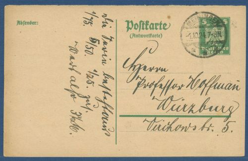 Deutsches Reich 1924 Adler Postkarte Antwortteil P 158 I A gebraucht (X40416)