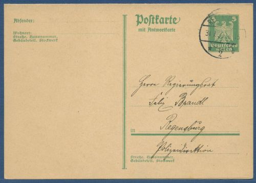 Dt. Reich 1926 Adler Postkarte mit Antwort P 167 I gebraucht blanko (X41163)