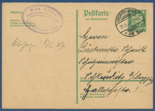 Dt. Reich 1926 Adler Postkarte Frageteil P 166 F gebraucht (X41164)