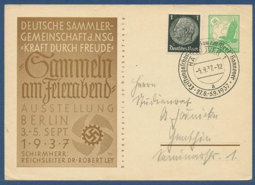 Dt. Reich 1937 K.d.F. Sammeln am Feierabend Sonderpostkarte P 245 gebraucht Fernverkehr (X41205)