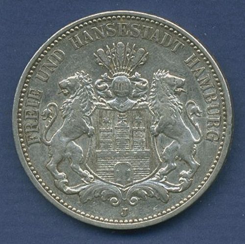 Hamburg 3 Mark Silber 1909 J, Wappen der Hansestadt, J 64 ss+ (m2466)