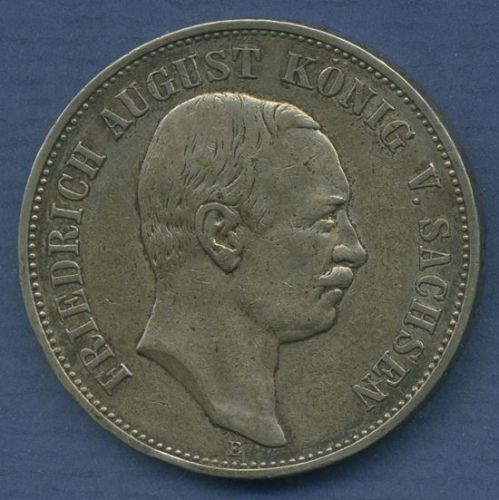 Sachsen 5 Mark 1908 E, Kursmünze König Friedrich August, J 136 ss/vz (m6851)