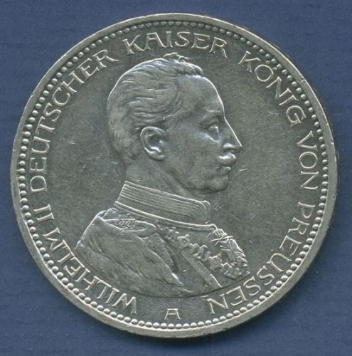 Preußen 5 Mark 1913 A, Kaiser Wilhelm II. in Uniform, J 114 vz/vz+ (m6852)