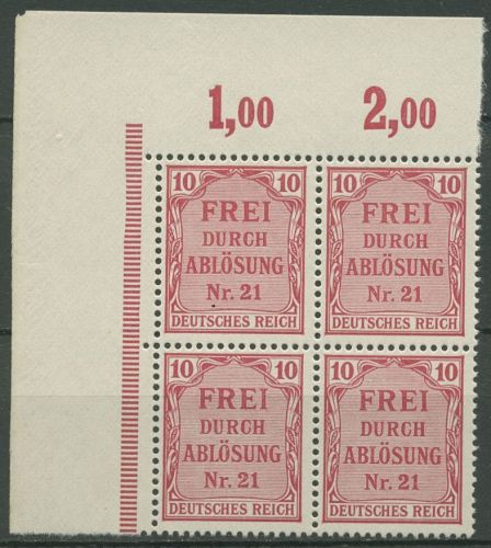 Deutsches Reich Dienstmarken 1903 D 4 im 4er-Block Ecke oben links postfrisch
