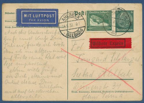 Dt. Reich 670 auf Flugpost-Postkarte 1938 Berlin nach Ahlbeck (X41276)