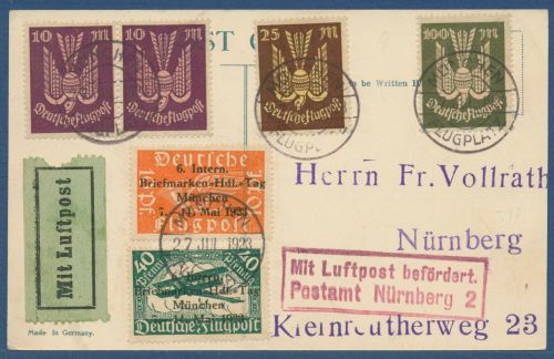 Dt. Reich 235/37 auf Flugpost-Postkarte 1923 München - Nürnberg (X41277)