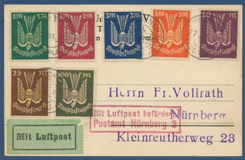 Dt. Reich 235/37 u. a. auf Flugpost-Postkarte 1923 München - Nürnberg (X41278)