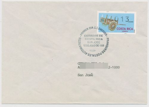 Costa Rica 1993 Automatenmarken auf Ersttagsbrief ATM 1 FDC (X80233)