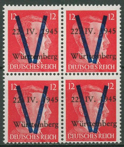 Saulgau (Württemberg) 1945 Freimarke mit Aufdruck V 4er-Block postfrisch