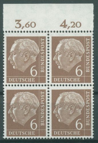 Bund 1954 Th. Heuss I Bogenmarken Platte Oberrand 180 4er-Block P OR postfrisch