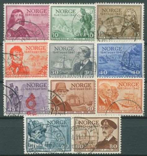 Norwegen 1947 300 Jahre Post Schiff Persönlichkeiten 323/33 gestempelt