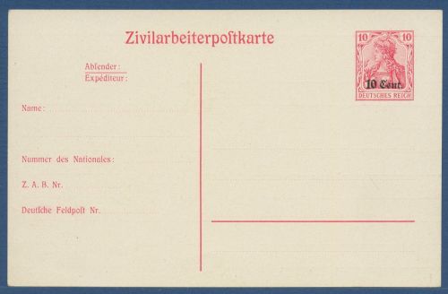 Etappengebiet West 1918 Zivilarbeiterpostkarte P 8 ungebraucht (X41184)