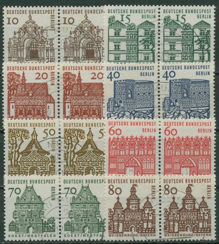 Berlin 1964/65 kleine Bauwerke Bogenmarken waag. Paare 242/49 gestempelt