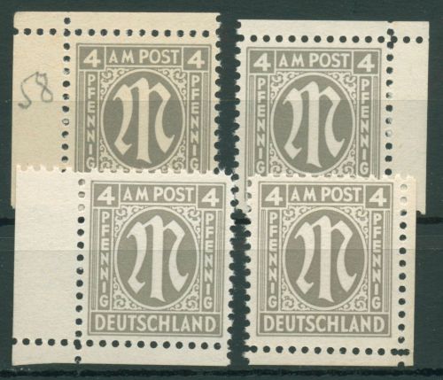Bizone 1945 AM-POST Amerikanischer Druck 2 z Ecke 1/4 Papier z postfrisch