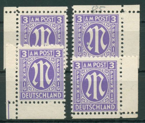 Bizone 1945 AM-POST Amerikanischer Druck 1 z Ecke 1/4 Papier z postfrisch
