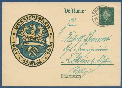 Dt. Reich 1931 Volksabstimmung Oberschlesien Postkarte P 190 gebraucht (X41151)