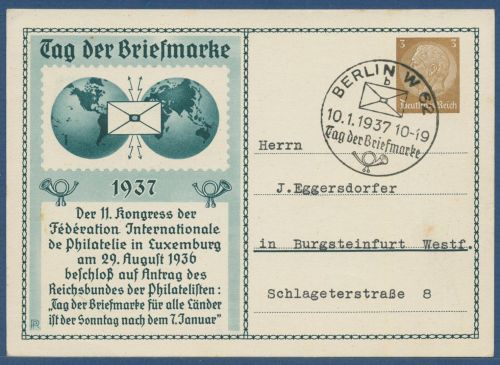 Dt. Reich 1937 Tag der Briefmarke Privatpostkarte PP 122C30 /02 SST (X41361)