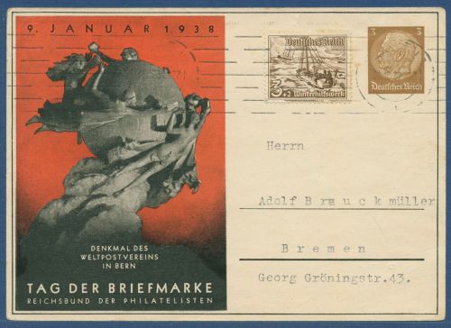 Dt. Reich 1938 Tag der Briefmarke Privatpostkarte PP 122C70 /02 gebr. (X41362)