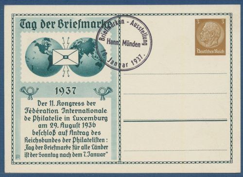 Dt. Reich 1937 Tag der Briefmarke Privatpostkarte PP 122C30 /02 ungebr. (X41360)