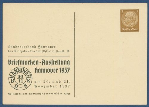 Dt. Reich 1937 Ausstellung Hannover Privatpostkarte PP 122C57 ungebr. (X41367)