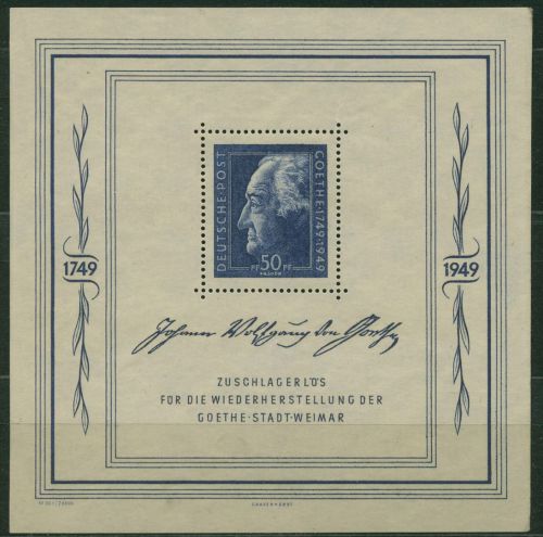 SBZ Allg. Ausgabe 1949 Goethe Weimar Block 6 postfrisch, kl. Randmängel