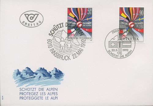 Schweiz 1992 Schützt die Alpen Ausgabe CH + Österreich 1477 FDC (X16632)