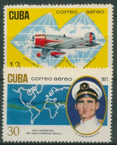 Kuba 1971 35 Jahre Flug nach Sevilla Weltkarte Pilot Flugzeug 1661/62 postfrisch