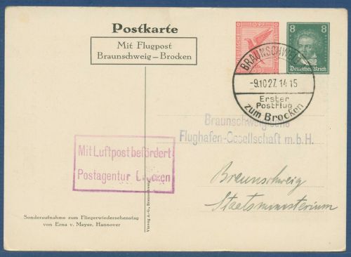 Dt. Reich 1927 Flugpost zum Brocken Postkarte PP 92C1 /01 gebraucht (X41403)