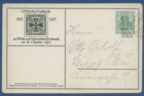 Dt. Reich 1913 Völkerschlachtdenkmal Postkarte PP 27C179 /01 gebraucht (X41437)