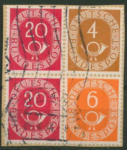 Bund 1951 Posthorn Zusammendruck W 2 + W 3 im 4er-Block gestempelt, Briefstück