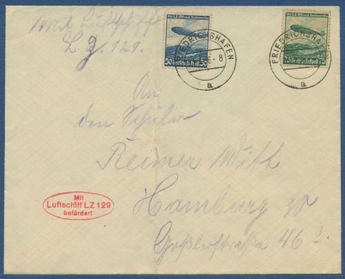 Zeppelin LZ 129 Hindenburg, Erste Postfahrt 1936 Brief 606/07, gefaltet (X41493)