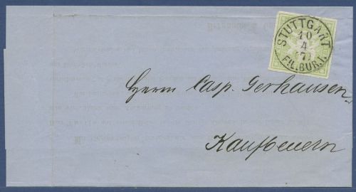Württemberg Drucksache mit 1 Kreuzer 30 a, K 1 STUTTGART FIL. BUR. I. (X41517)