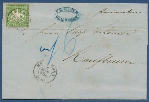 Württemberg Faltbrief mit 6 Kreuzer 18 xa, K 2 HEILBRONN n. Kaufbeuren (X41518)
